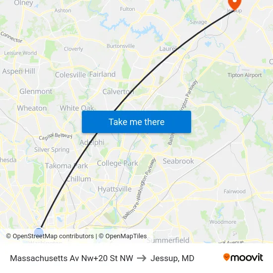 Massachusetts Av Nw+20 St NW to Jessup, MD map