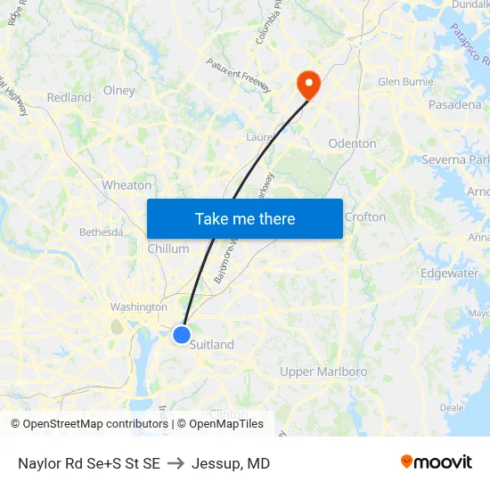 Naylor Rd Se+S St SE to Jessup, MD map