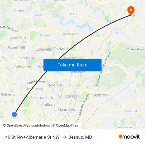40 St Nw+Albemarle St NW to Jessup, MD map