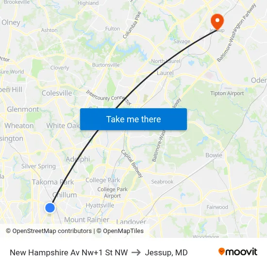 New Hampshire Av Nw+1 St NW to Jessup, MD map