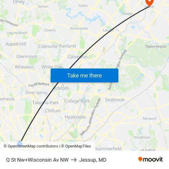 Q St Nw+Wisconsin Av NW to Jessup, MD map