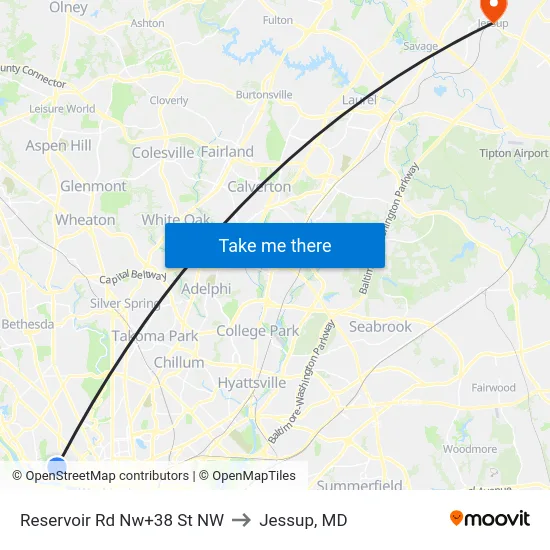 Reservoir Rd Nw+38 St NW to Jessup, MD map