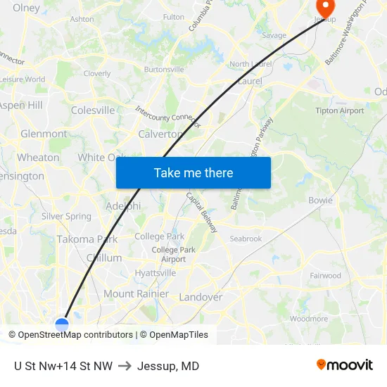 U St Nw+14 St NW to Jessup, MD map