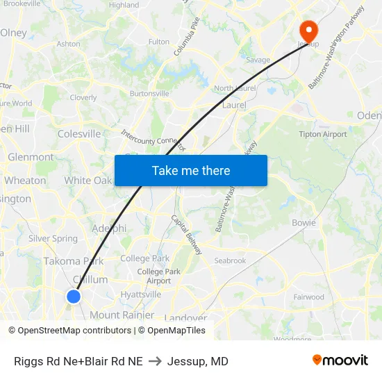 Riggs Rd Ne+Blair Rd NE to Jessup, MD map