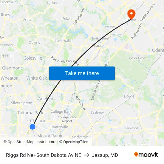Riggs Rd Ne+South Dakota Av NE to Jessup, MD map