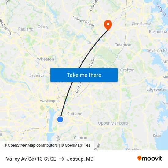 Valley Av Se+13 St SE to Jessup, MD map