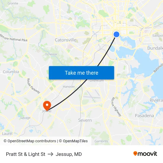 Pratt St & Light St to Jessup, MD map