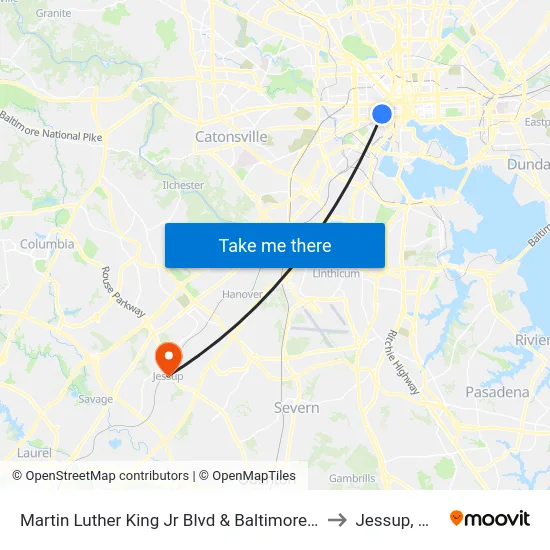 Martin Luther King Jr Blvd & Baltimore St to Jessup, MD map