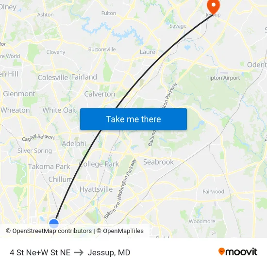 4 St Ne+W St NE to Jessup, MD map