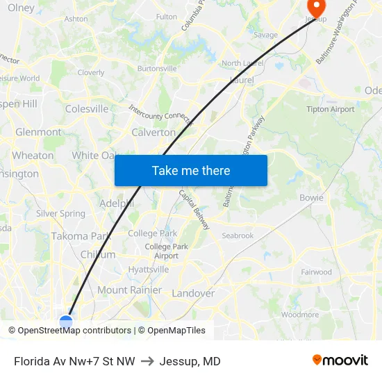 Florida Av Nw+7 St NW to Jessup, MD map