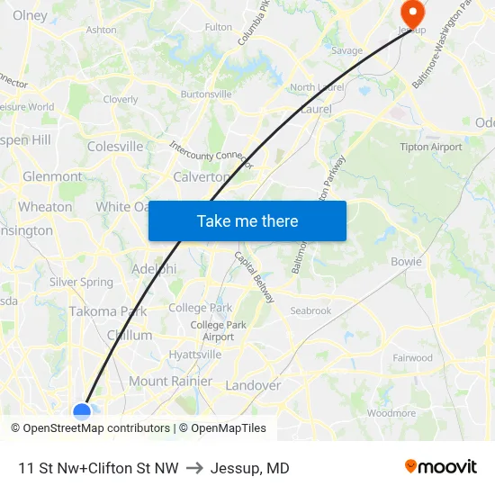11 St Nw+Clifton St NW to Jessup, MD map