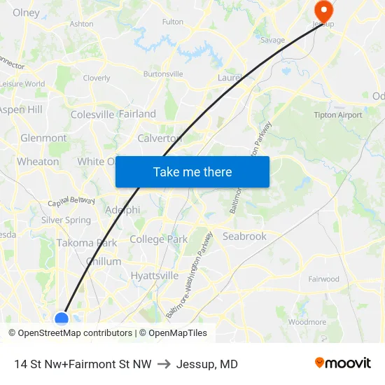14 St Nw+Fairmont St NW to Jessup, MD map