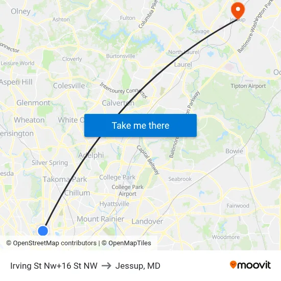 Irving St Nw+16 St NW to Jessup, MD map