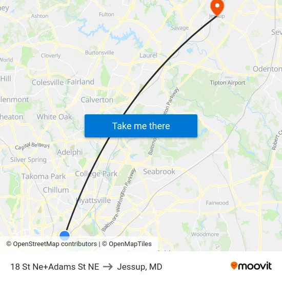 18 St Ne+Adams St NE to Jessup, MD map