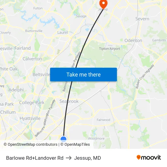 Barlowe Rd+Landover Rd to Jessup, MD map
