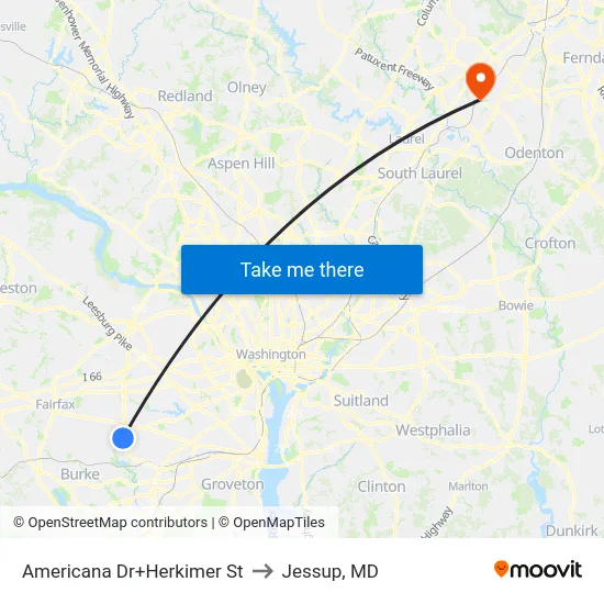 Americana Dr+Herkimer St to Jessup, MD map