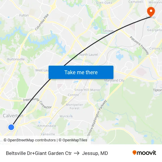 Beltsville Dr+Giant Garden Ctr to Jessup, MD map