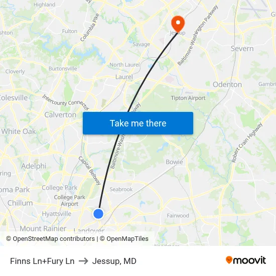 Finns Ln+Fury Ln to Jessup, MD map