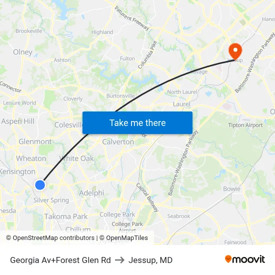 Georgia Av+Forest Glen Rd to Jessup, MD map