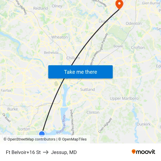 Ft Belvoir+16 St to Jessup, MD map