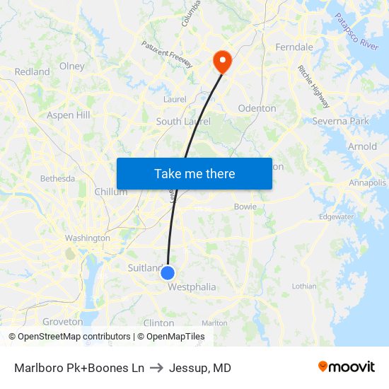 Marlboro Pk+Boones Ln to Jessup, MD map