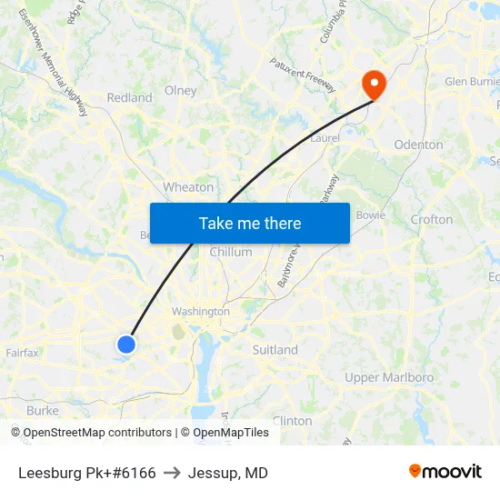Leesburg Pk+#6166 to Jessup, MD map