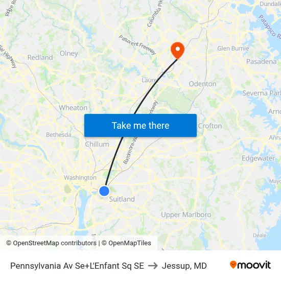Pennsylvania Av Se+L'Enfant Sq SE to Jessup, MD map
