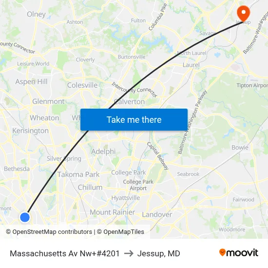 Massachusetts Av Nw+#4201 to Jessup, MD map