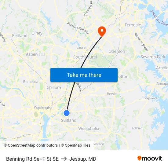 Benning Rd Se+F St SE to Jessup, MD map
