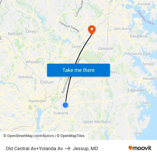 Old Central Av+Yolanda Av to Jessup, MD map