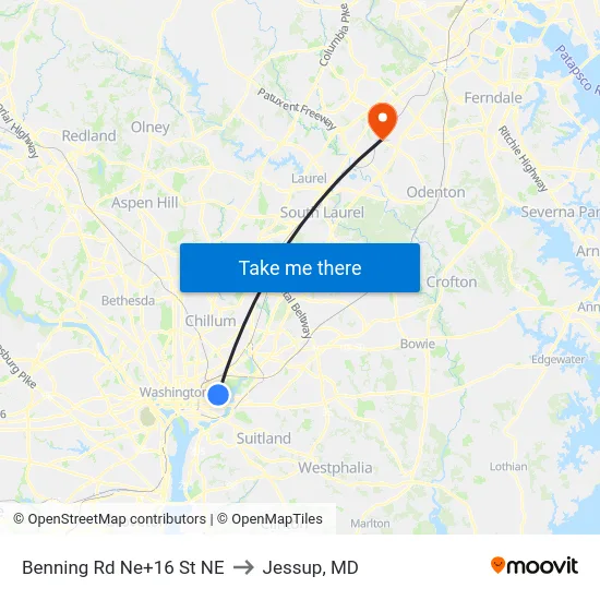 Benning Rd Ne+16 St NE to Jessup, MD map