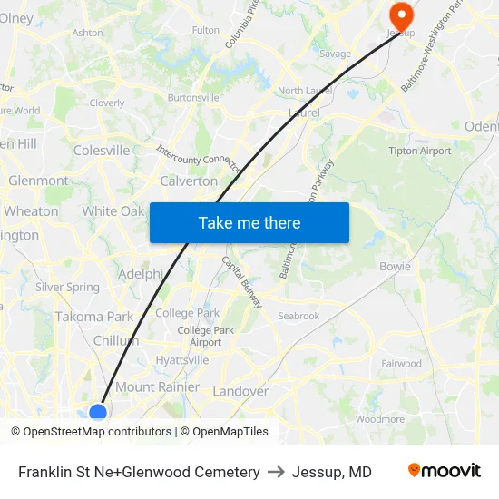 Franklin St Ne+Glenwood Cemetery to Jessup, MD map