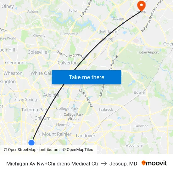 Michigan Av Nw+Childrens Medical Ctr to Jessup, MD map