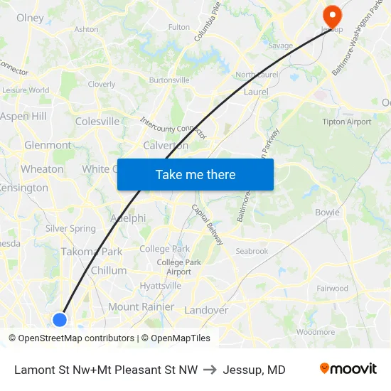 Lamont St Nw+Mt Pleasant St NW to Jessup, MD map
