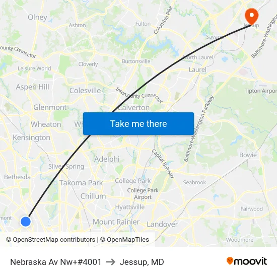 Nebraska Av Nw+#4001 to Jessup, MD map
