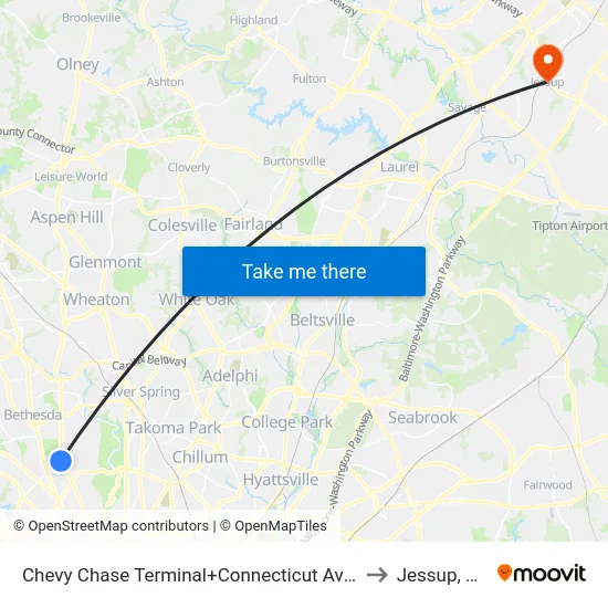 Chevy Chase Terminal+Connecticut Av NW to Jessup, MD map