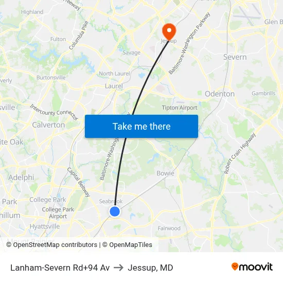 Lanham-Severn Rd+94 Av to Jessup, MD map