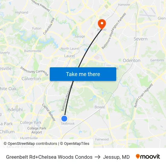 Greenbelt Rd+Chelsea Woods Condos to Jessup, MD map
