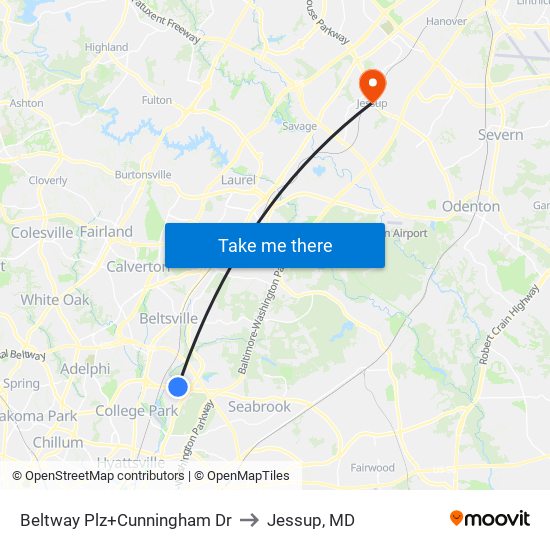 Beltway Plz+Cunningham Dr to Jessup, MD map