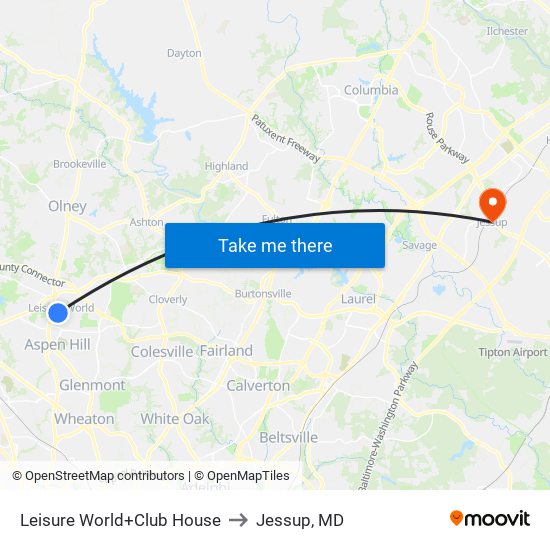 Leisure World+Club House to Jessup, MD map