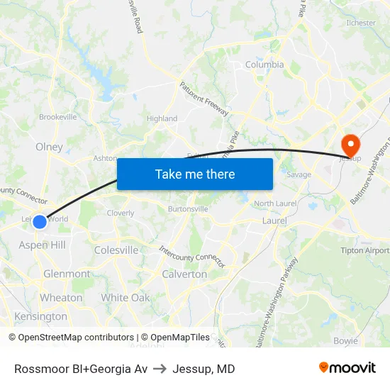 Rossmoor Bl+Georgia Av to Jessup, MD map