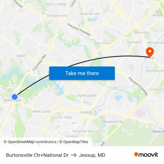 Burtonsville Ctr+National Dr to Jessup, MD map