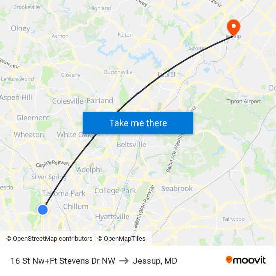 16 St Nw+Ft Stevens Dr NW to Jessup, MD map