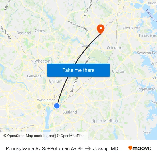 Pennsylvania Av Se+Potomac Av SE to Jessup, MD map