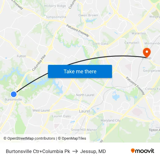 Burtonsville Ctr+Columbia Pk to Jessup, MD map