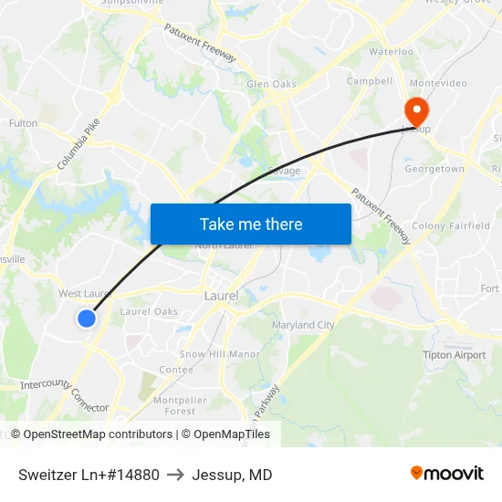 Sweitzer Ln+#14880 to Jessup, MD map