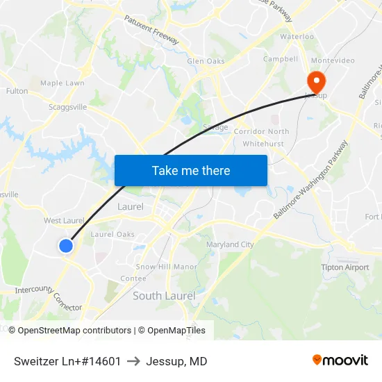 Sweitzer Ln+#14601 to Jessup, MD map