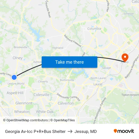 Georgia Av-Icc P+R+Bus Shelter to Jessup, MD map