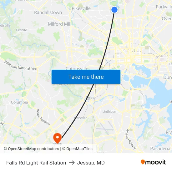 Falls Rd Light Rail Station to Jessup, MD map