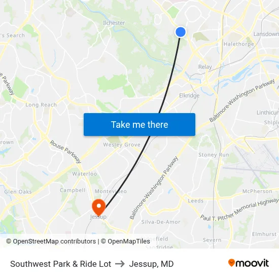 Southwest Park & Ride Lot to Jessup, MD map